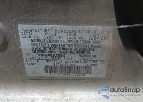 2014 Nissan Versa 1.6 Sv z USA, uszkodzony, nr VIN 3N1CN7AP2EL833640